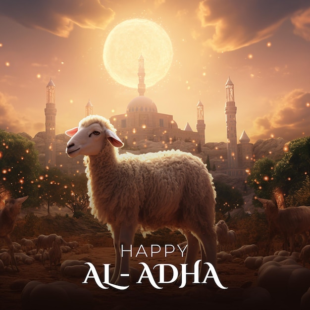 Islamic greeting card of a lamb for Eid AlAdha concept