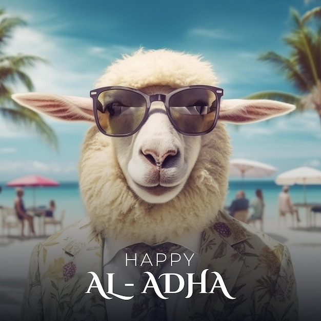 Islamic greeting card of a lamb for Eid AlAdha concept