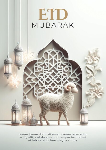 Islamic greeting card of a lamb for Eid Mubarak concept