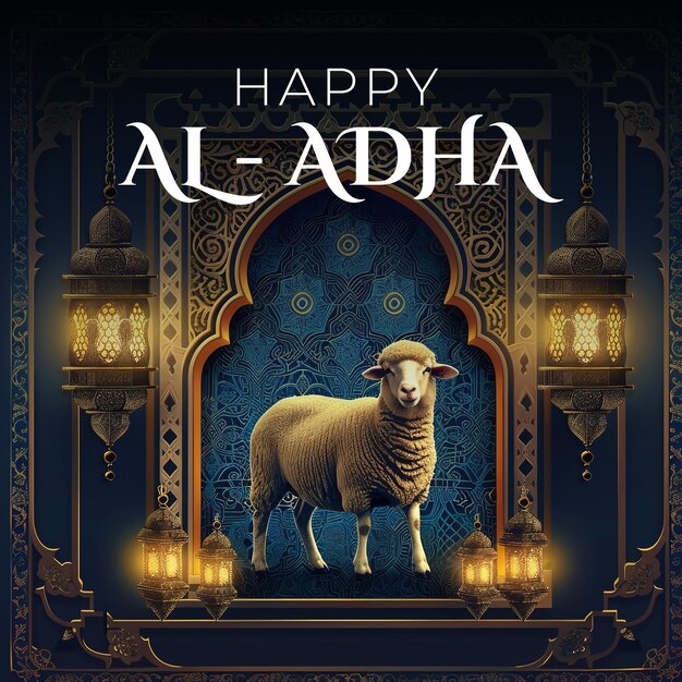 PSD islamic greeting card of a lamb with arabic lanterns for eid aladha concept