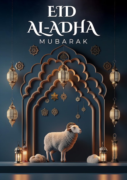 PSD islamic greeting card of a lamb with arabic lanterns for eid aladha concept