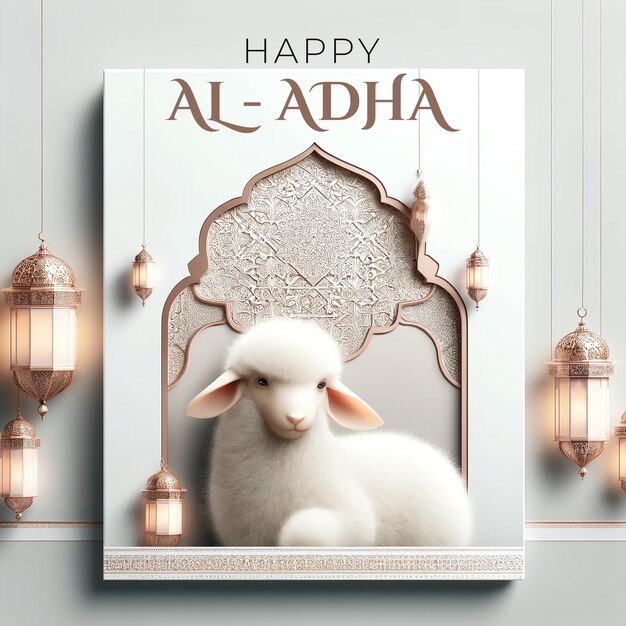 Islamic greeting card of a lamb with arabic lanterns for Eid AlAdha concept