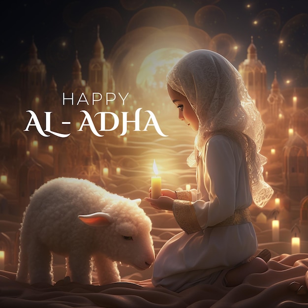 Islamic greeting card of a lamb with an arabic woman for Eid AlAdha concept