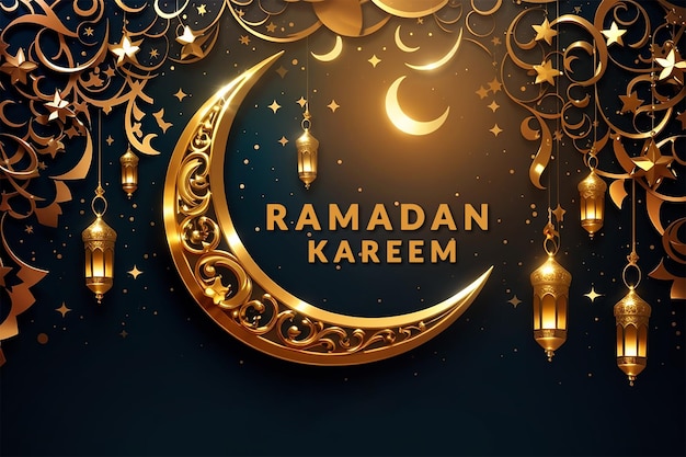 Islamic greetings golden crescent moon and Ramadan lantern light lamp background