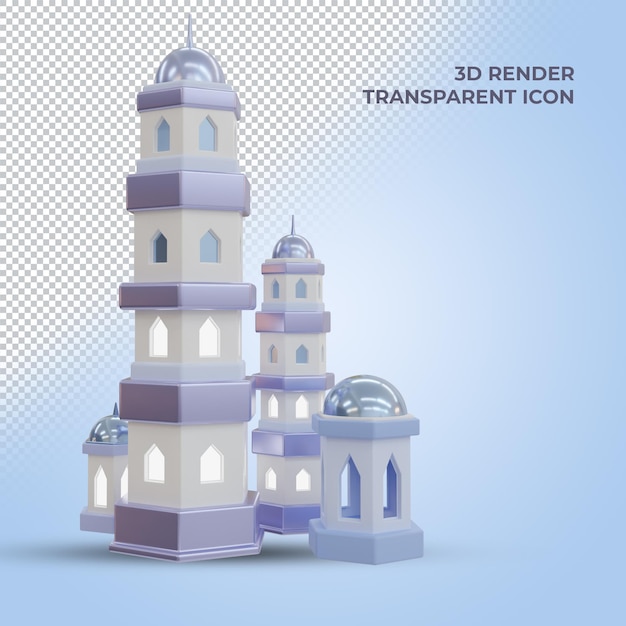 Islamic mosque 3d render icon with transparent background side views