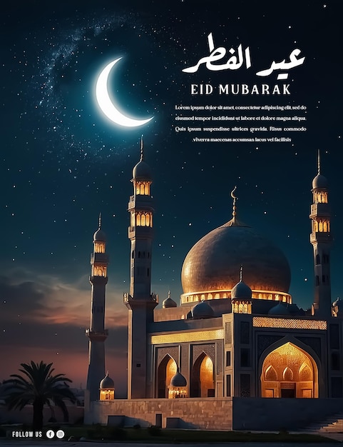 Islamic Poster with background from mosque at night with crescent moon for and eid al fitr