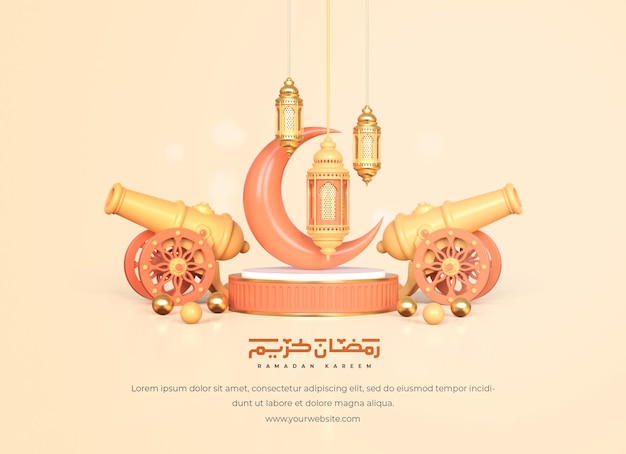 Islamic ramadan greeting background with 3d crescent arabic lantern on podium and ramadan ornaments