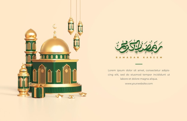 Islamic ramadan greeting background with 3d mosque lantern gift box and islamic decoration objects