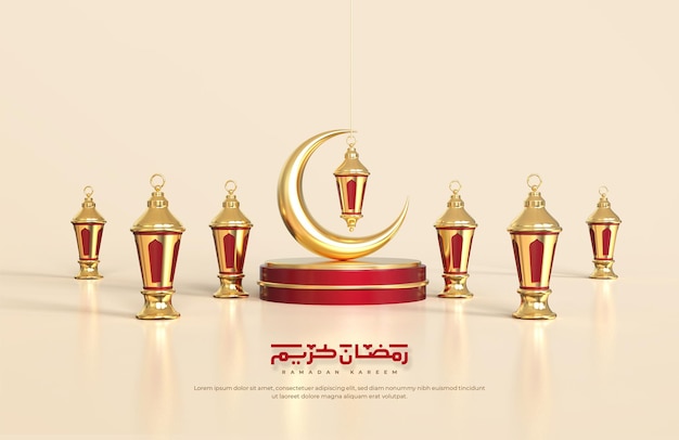 Islamic ramadan greetings, composition with 3d arabic lantern and crescent moon