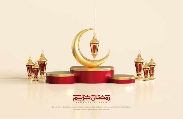 Islamic ramadan greetings, composition with 3d crescent moon and arabic lanterns