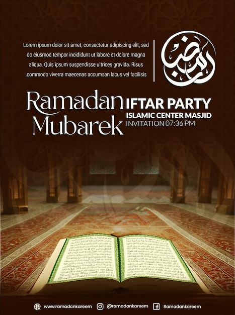 PSD islamic ramadan mubarak greeting background withe quran book in mosque