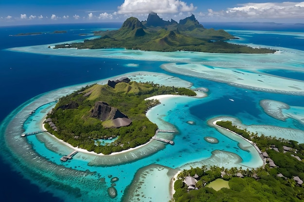 an island with a beach and mountains in the background