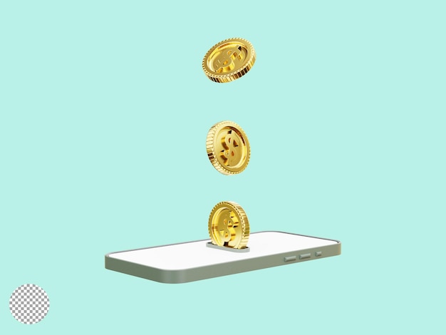 Isolate of Golden coins dropping and flying to smartphone for money transfer and internet mobile banking or electronic transaction concept by 3d render illustration