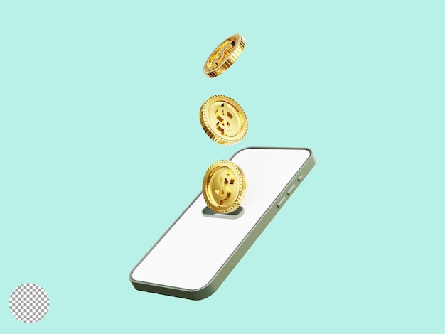 Isolate of Golden coins dropping and flying to smartphone for money transfer and internet mobile banking or electronic transaction concept by 3d render illustration