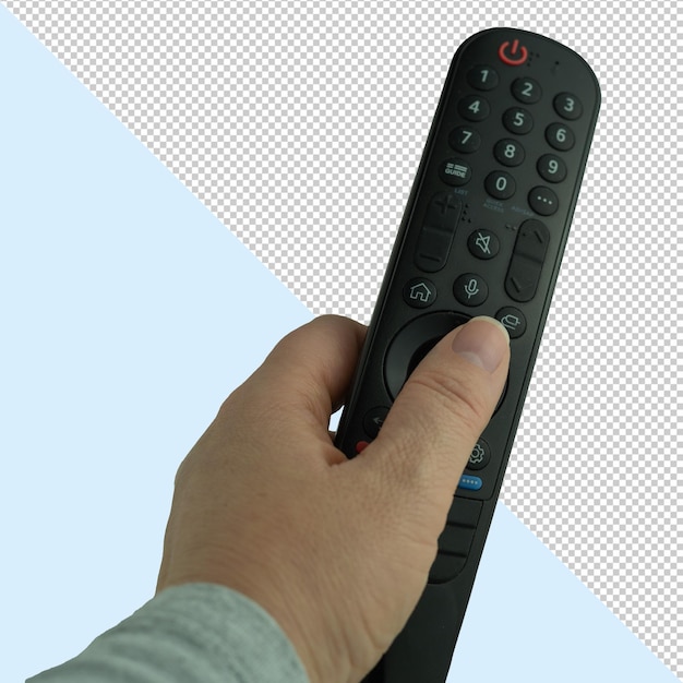 PSD isolate hand holding a remote control at a television remote control on transparent background