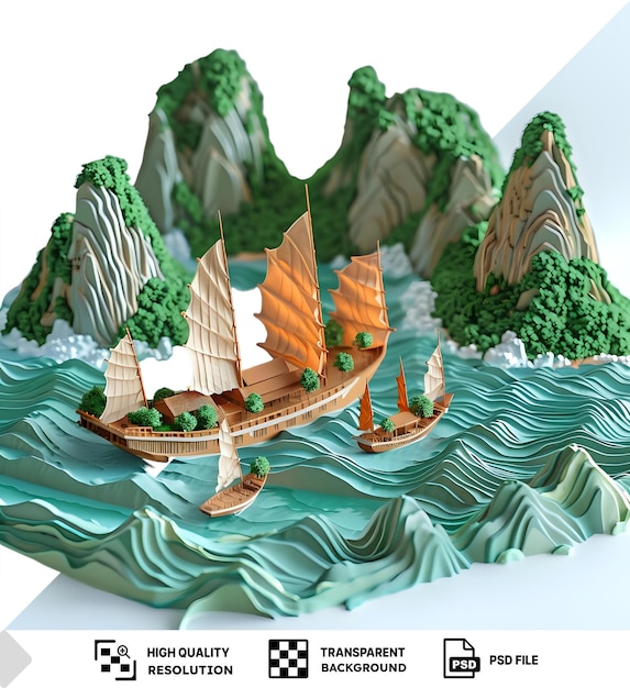 isolated 3d model of the ha long bay featuring a small boat and a green tree