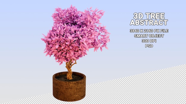 Isolated 3d model of a potted tree with abstract pink leaves on a transparent background