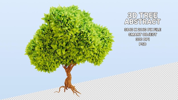 Isolated 3d model of tree with abstract green leaves on transparent background