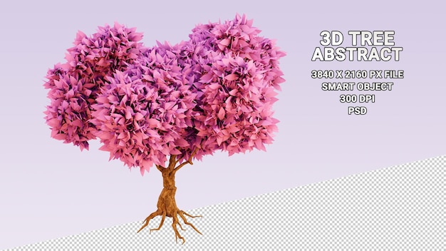 Isolated 3d model of tree with abstract pink leaves on transparent background