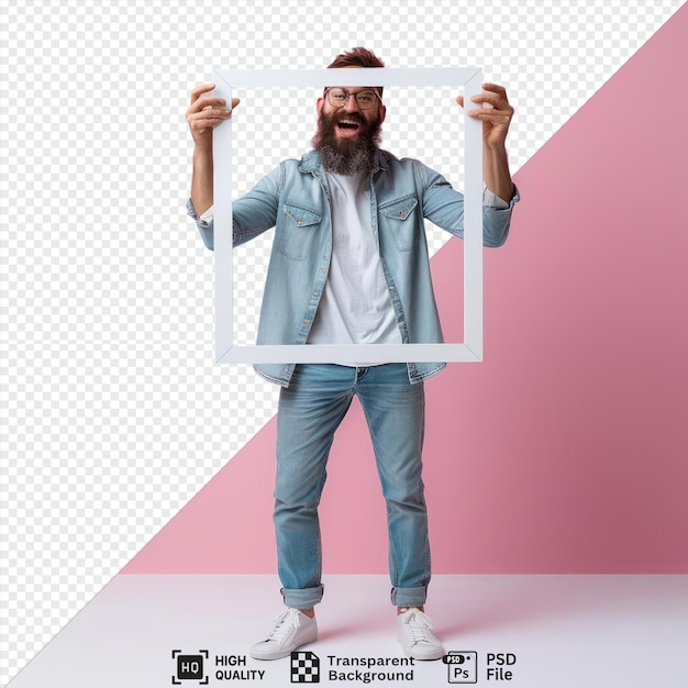 isolated bearded man casual clothes wearing glasses making frame with fingers looking camera through this frame happy and excited standing in front of pink wall