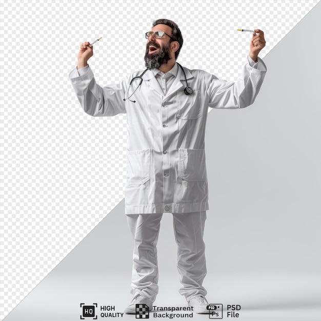 isolated bearded man doctor uniform with stethoscope around neck wearing glasses holding syringe going to inject himself standing with raised hand wearing white pants and gray and white shoes with