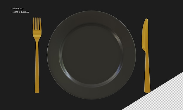 Isolated Black Plate with Gold Fork and Knife