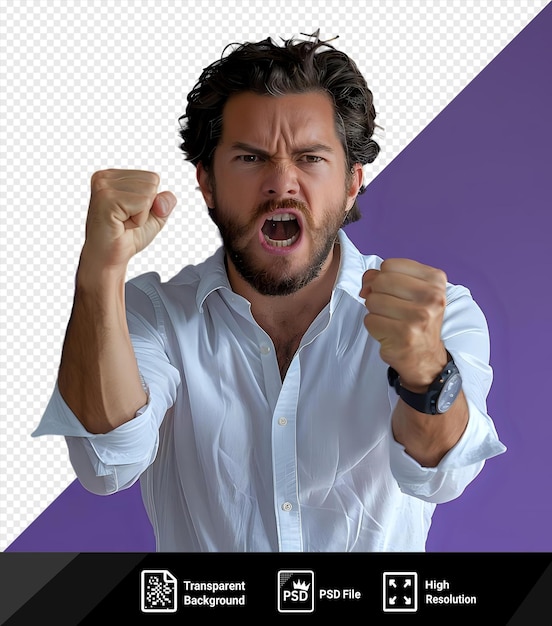 isolated on blue attractive serious caucasian male brunette businessman in costly black watch and white shirt look at camera show fist screaming at the camera png psd