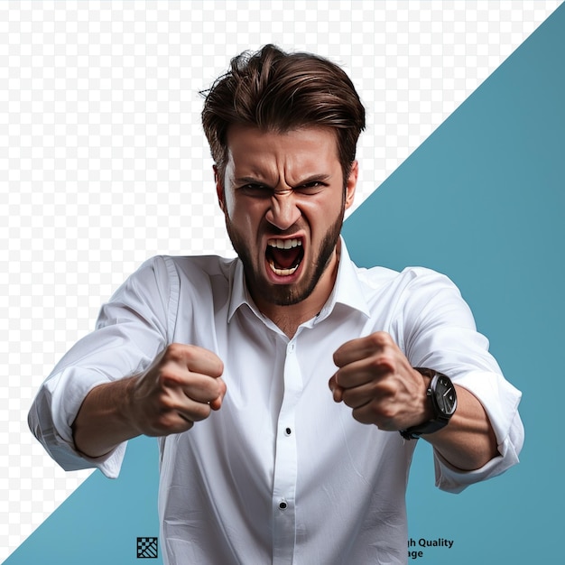 Isolated on blue attractive serious caucasian male brunette businessman in costly black watch and white shirt look at camera show fist screaming