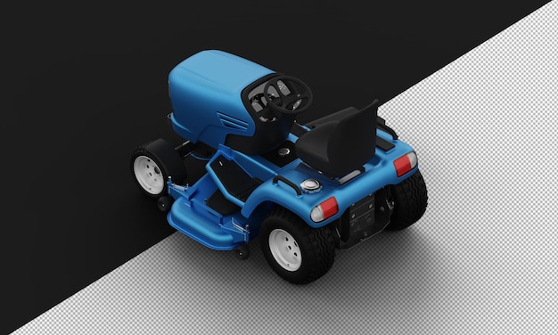 Isolated blue Titanium Metal Matte Modern Lawn Mower from Top Left Rear View