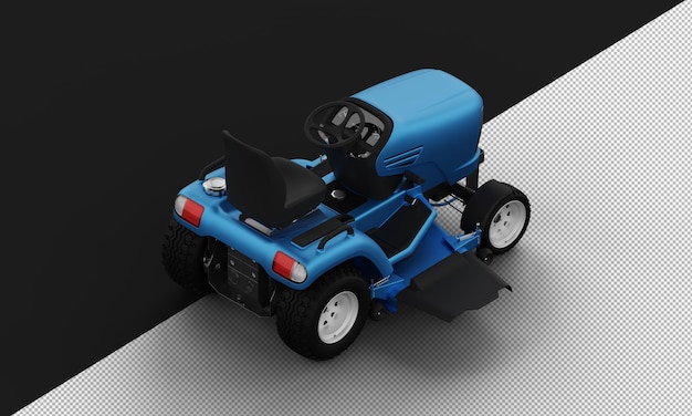 Isolated blue Titanium Metal Matte Modern Lawn Mower from Top Right Rear View