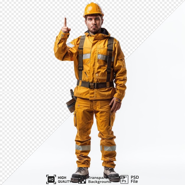 isolated builder young man constructiuniform and safety helmet showing index finger lookingserious