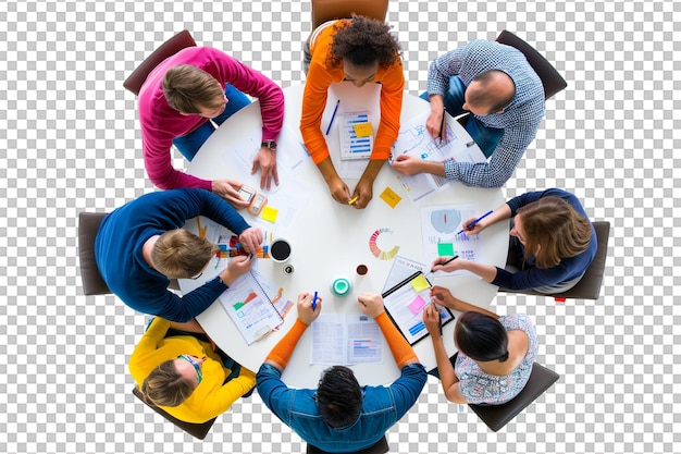 PSD isolated business people team brainstorming on table against transparent background