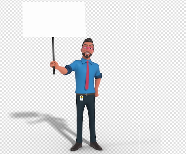 Isolated Character Illustration of BusinessMan Cartoon Mascot Holding Blank White Banner