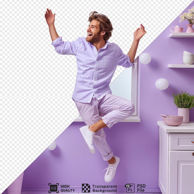 isolated cheerful young man mounting a kitchen window in a purple room with white shelves a potted plant and a white and pink pot he wears a purple shirt white pants and white png psd