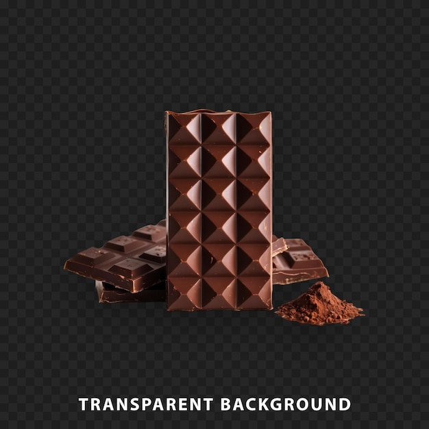 Isolated chocolate bar on transparent background with cocoa powder