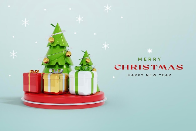 Isolated Christmas and New Year 3d Rendering mockup with podium Christmas tree