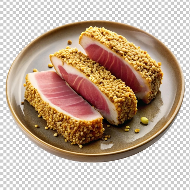 isolated crunchy sesame crusted tuna on a plate