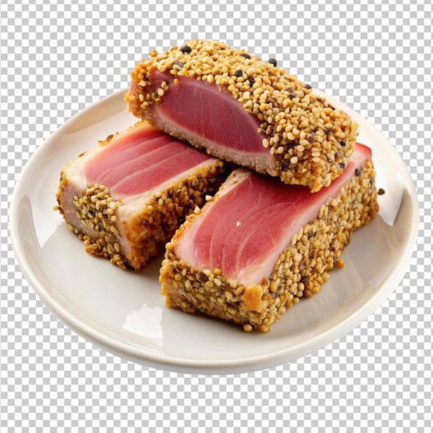 isolated crunchy sesame crusted tuna on a plate