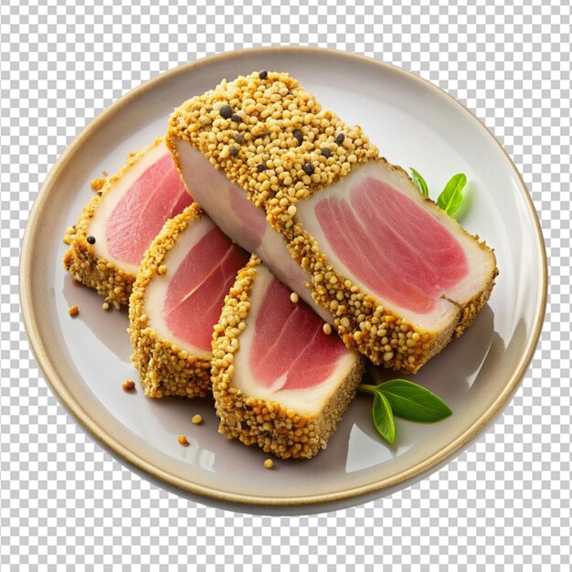 isolated crunchy sesame crusted tuna on a plate