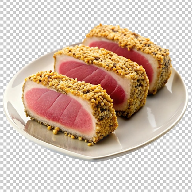 isolated crunchy sesame crusted tuna on a plate