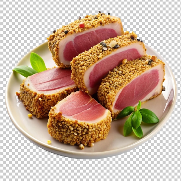 isolated crunchy sesame crusted tuna on a plate