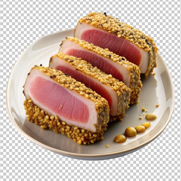 isolated crunchy sesame crusted tuna on a plate