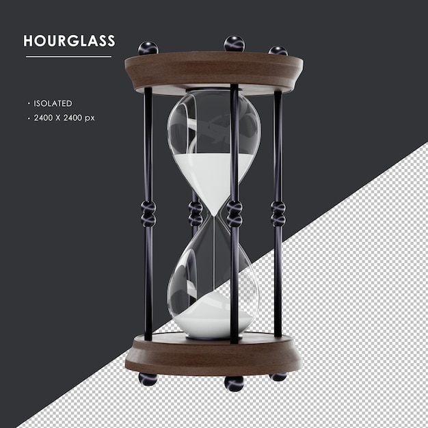 Isolated Dark Wood Round Wooden with Metal Bar Hourglass Sand Clock from Left Side Angle View