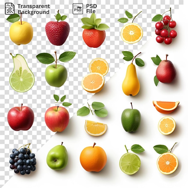 isolated fresh fruits set fruits of various colors and sizes including red cherries green apples oranges and lemons arranged on a transparent background with brown stems visible