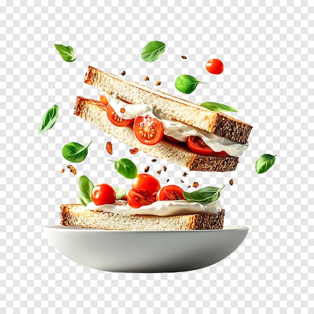 PSD isolated fresh sandwich with cream cheese and cherry tomatoes on a transparent surface