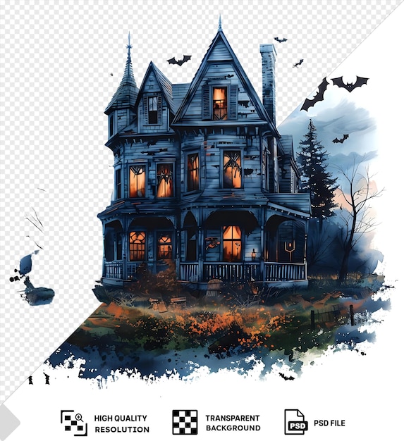 isolated halloween watercolor background with haunted house and bats vector illustration of a spooky halloween scene featuring a leafless tree orange windows a white porch a blue house and a