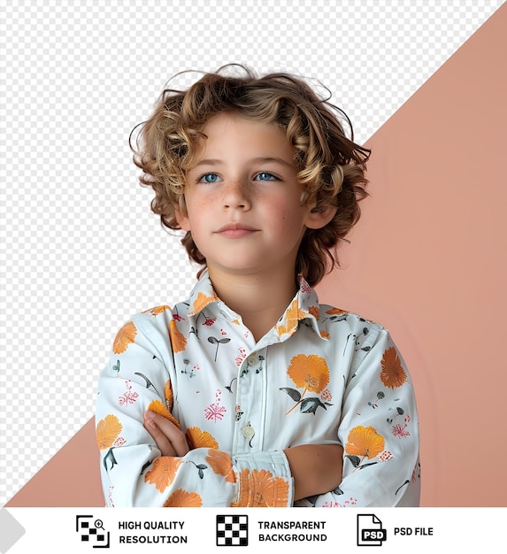 isolated hesitant boy making an invisible tough decision in front of a pink wall with curly hair blue eyes and a small nose while holding a hand up to his face png