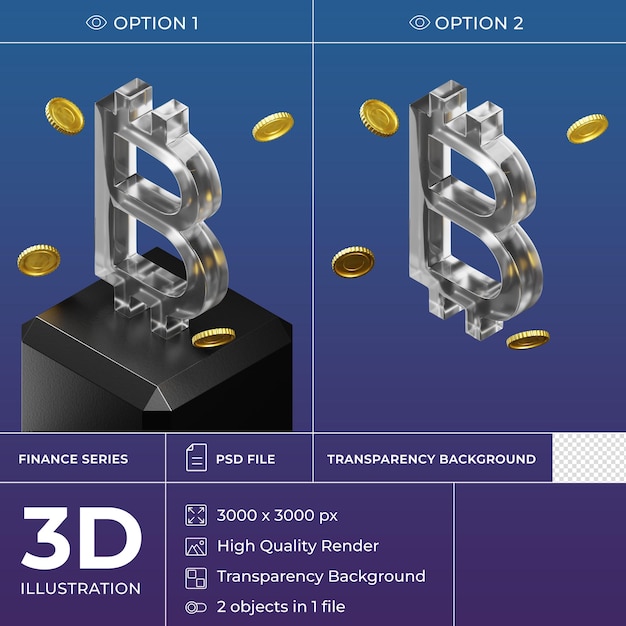 Isolated Isometric Glass 3D Currency Icon on Black Stand. Bitcoin Symbol