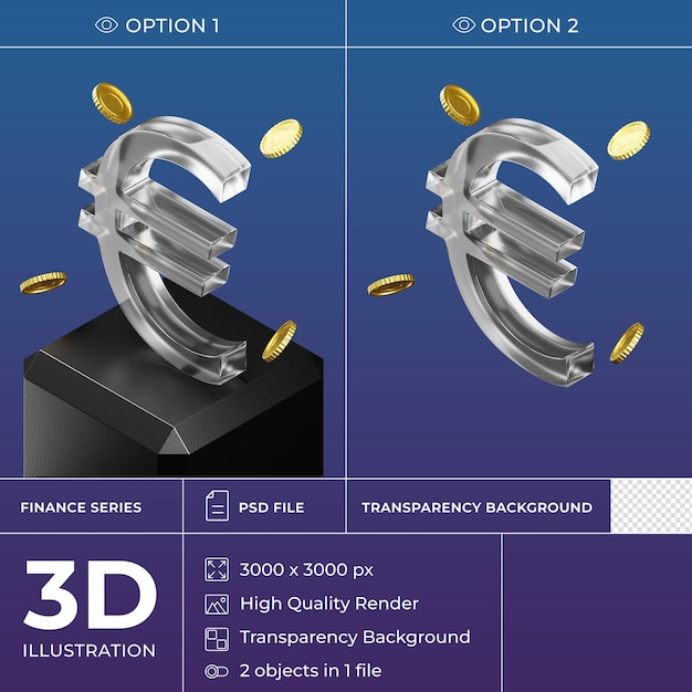 Isolated Isometric Glass 3D Currency Icon on Black Stand. Euro Symbol