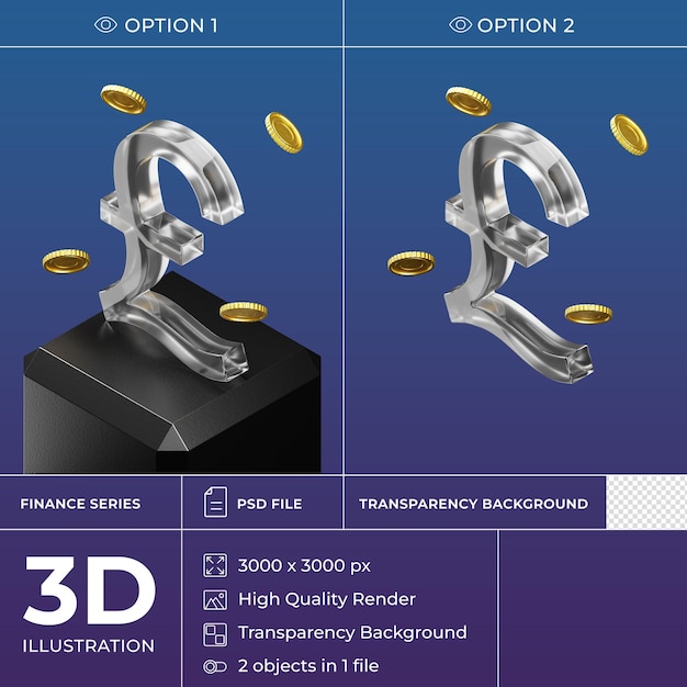 Isolated Isometric Glass 3D Currency Icon on Black Stand. Pound sterling Symbol